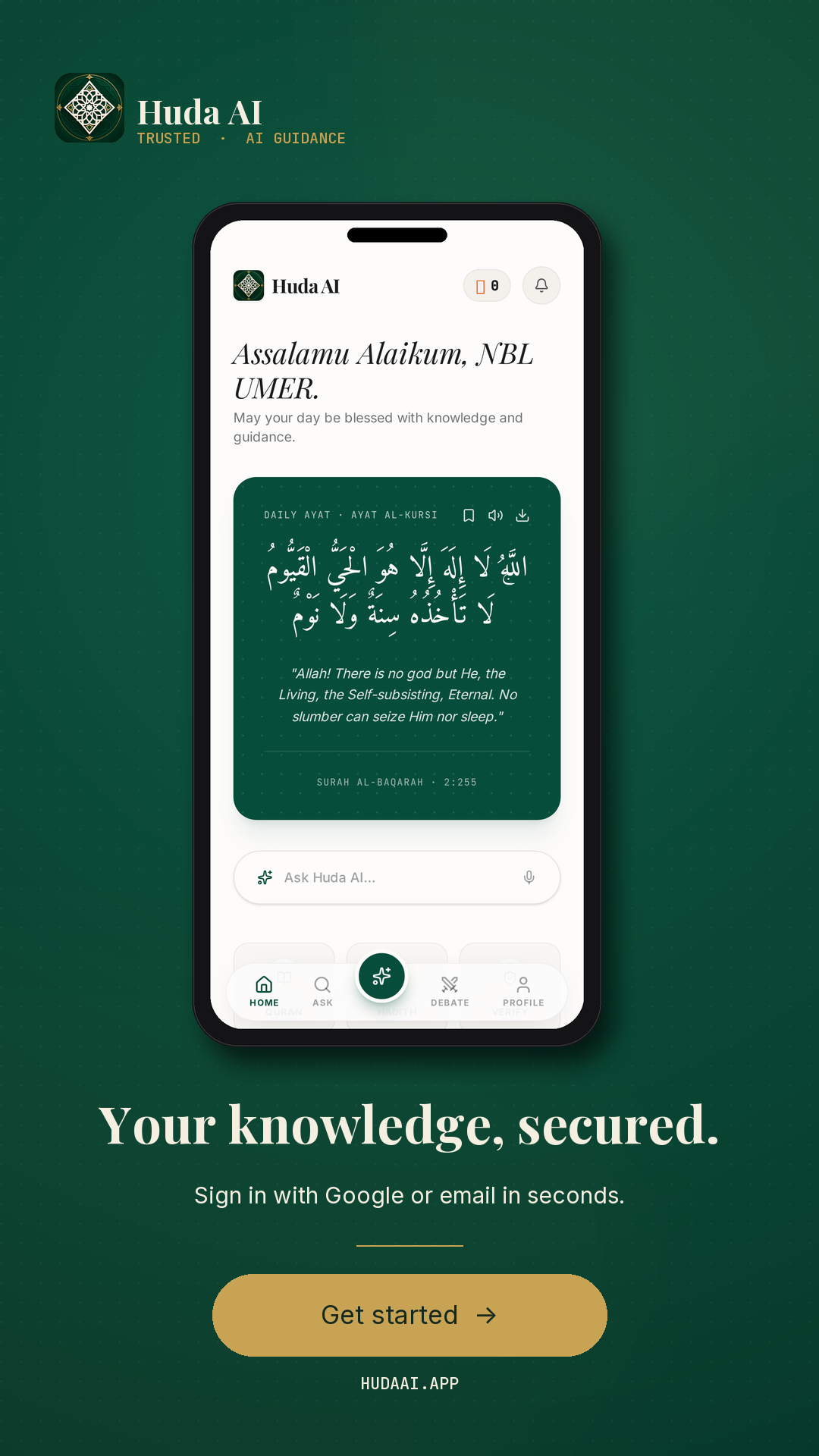 HUDA AI screen — Home Page 🏠